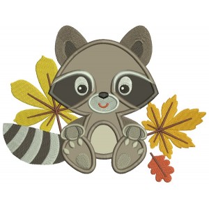 Cute Little Raccoon With Leaves Applique Machine Embroidery Design Digitized Pattern